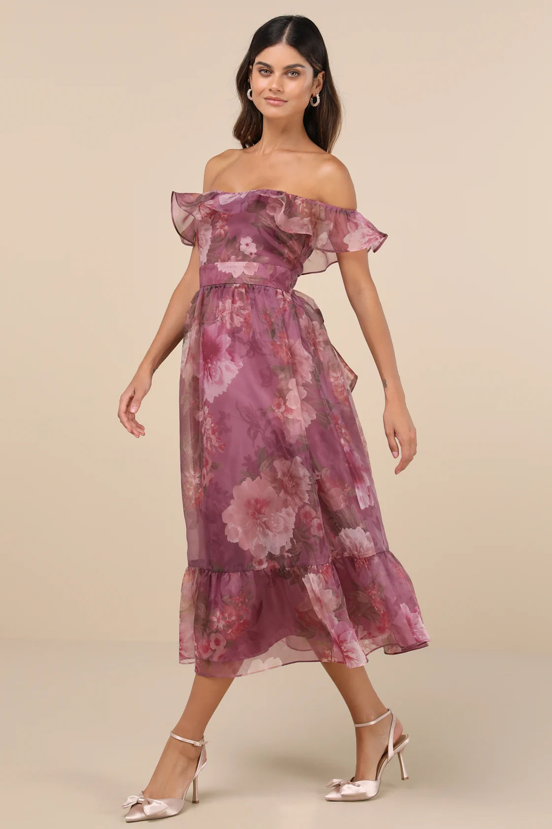 Sweet Composure Plum Floral Organza Off-the-Shoulder Midi Dress