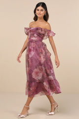 Sweet Composure Plum Floral Organza Off-the-Shoulder Midi Dress