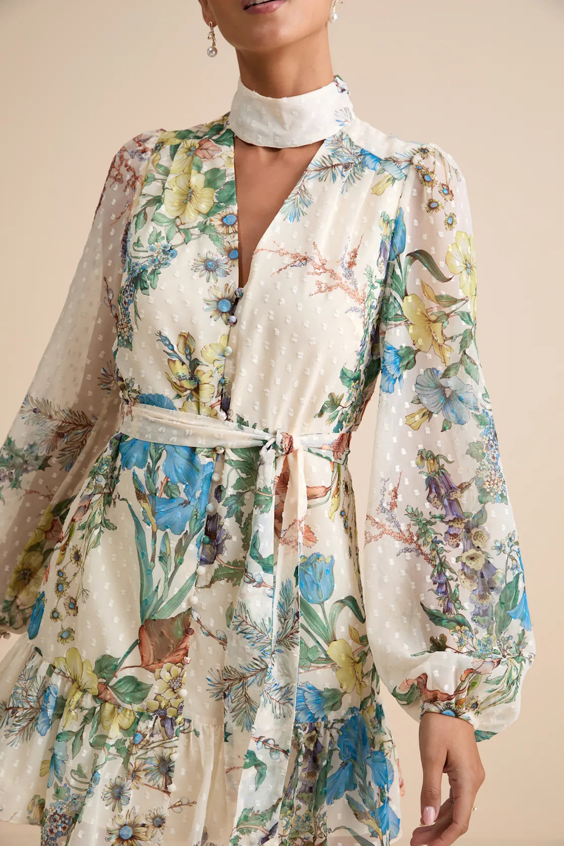 Ayame Ivory Floral Swiss Dot Balloon Sleeve Mini Dress