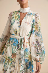 Ayame Ivory Floral Swiss Dot Balloon Sleeve Mini Dress