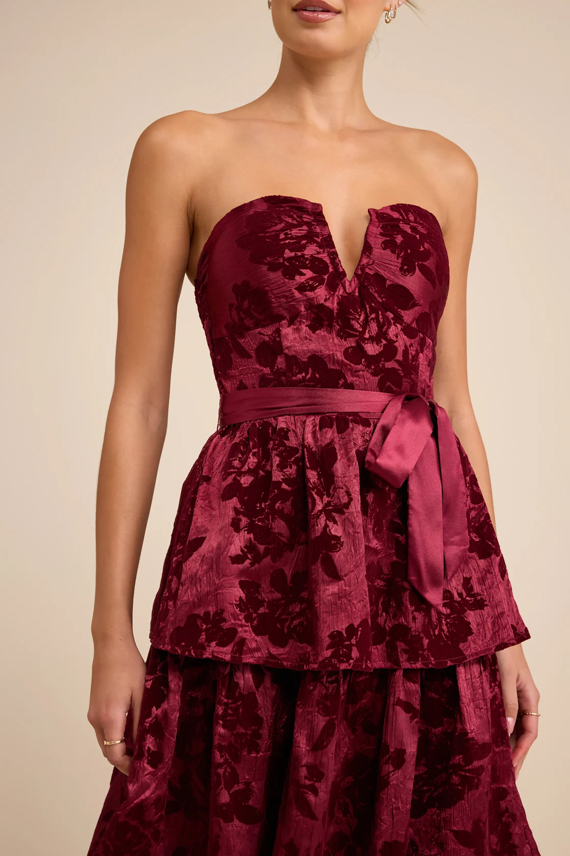 Dorina Burgundy Shadow Print Strapless Tiered Midi Dress