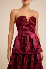 Dorina Burgundy Shadow Print Strapless Tiered Midi Dress