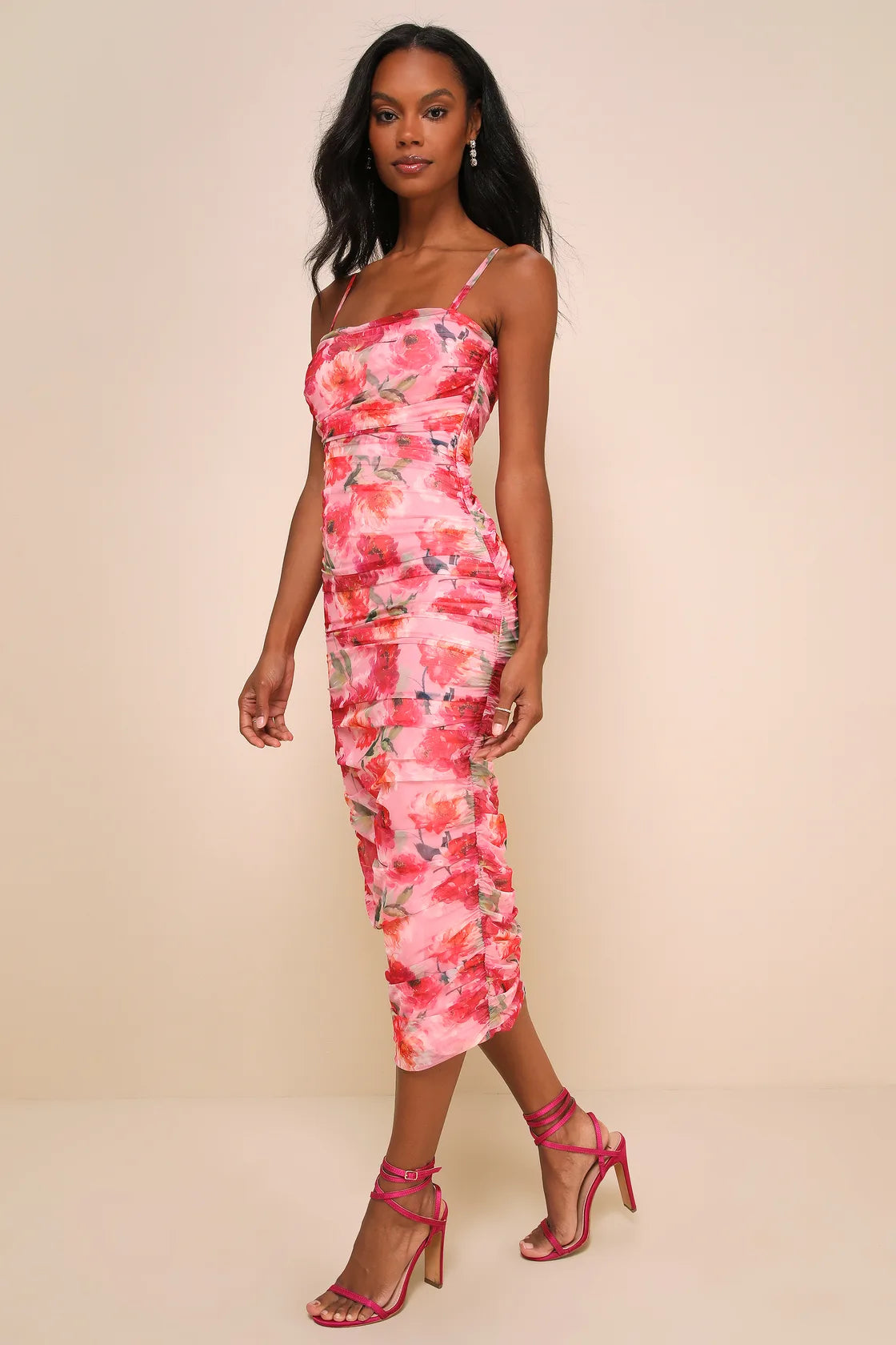 Blossoming Excellence Pink Floral Mesh Ruched Midi Dress