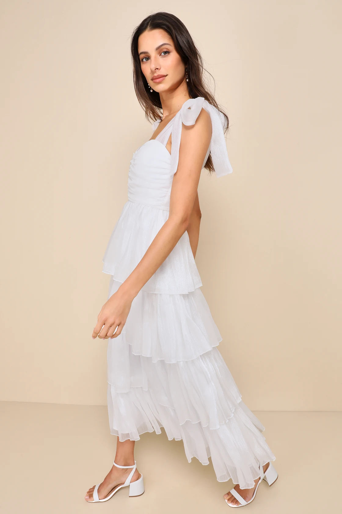 Radiant Arrival Shiny Pink Organza Tiered Tie-Strap Maxi Dress
