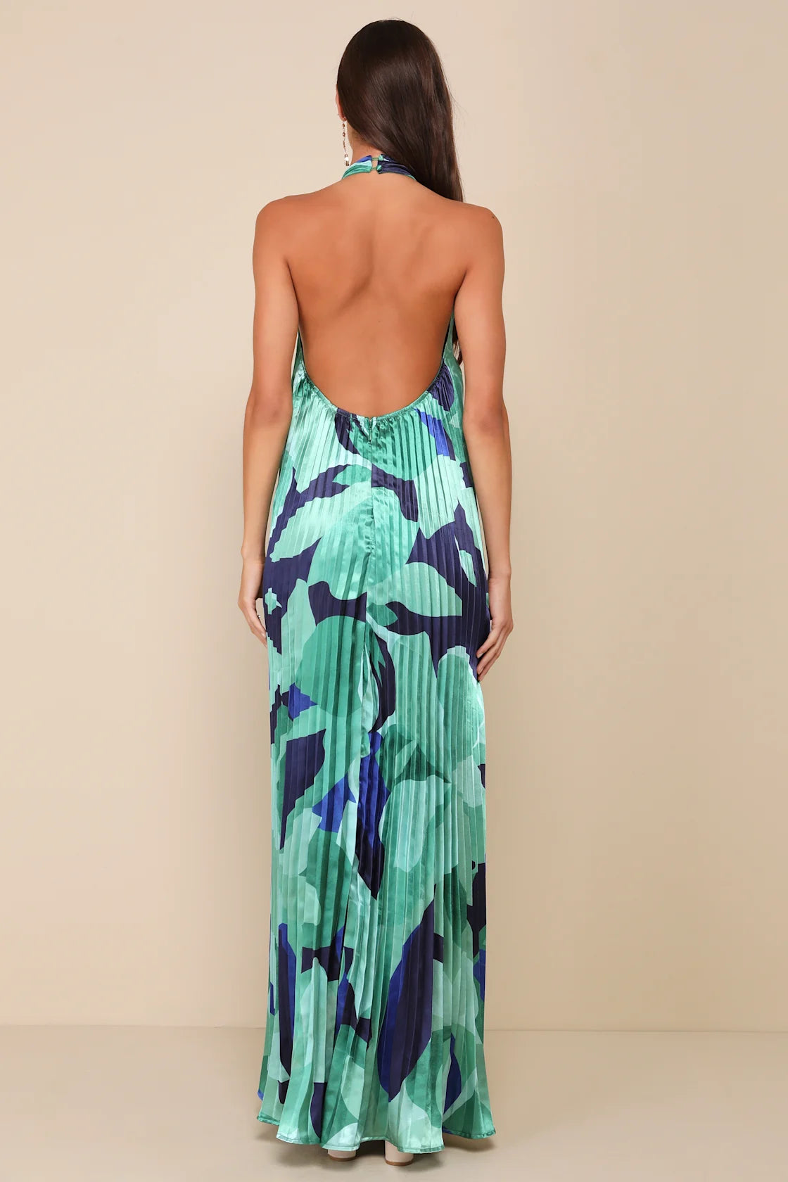 Prime Poise Green and Blue Abstract Satin Halter Maxi Dress