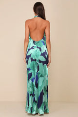 Prime Poise Green and Blue Abstract Satin Halter Maxi Dress
