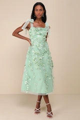 Effortlessly Sweet Blush Tulle 3D Floral Tie-Strap Midi Dress