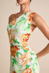 Divinely Blooming Lime Multi Floral One-Shoulder Midi Dress