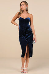 Masterfully Flirty Olive Green Velvet Bustier Midi Dress