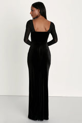 Certifiably Chic Black Velvet Mesh Long Sleeve Maxi Dress