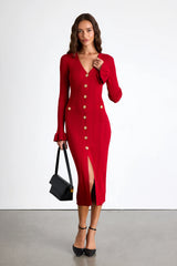 Dayena Red Ribbed Button-Front Sweater Midi Dress