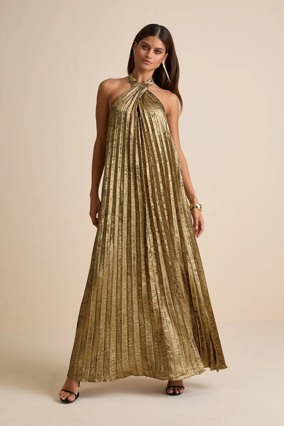 Gelsey Dusty Blue Pleated Halter Shift Maxi Dress