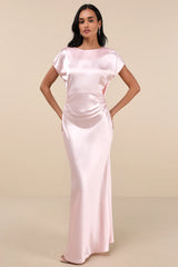 Captivating Presence Blush Pink Satin Cowl Back Maxi Dress