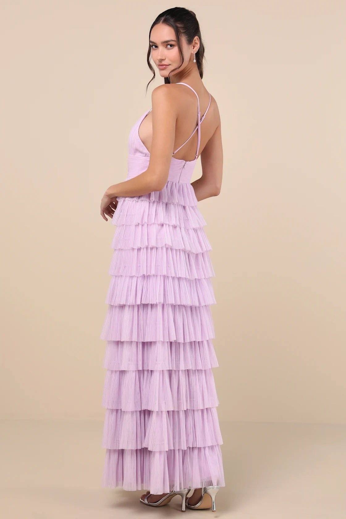 Radiant Event Lavender Mesh Tiered Ruffled Backless Maxi Dress