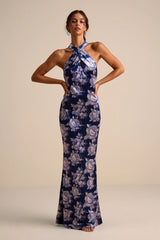 Celestara Navy Floral Velvet Backless Mermaid Maxi Dress