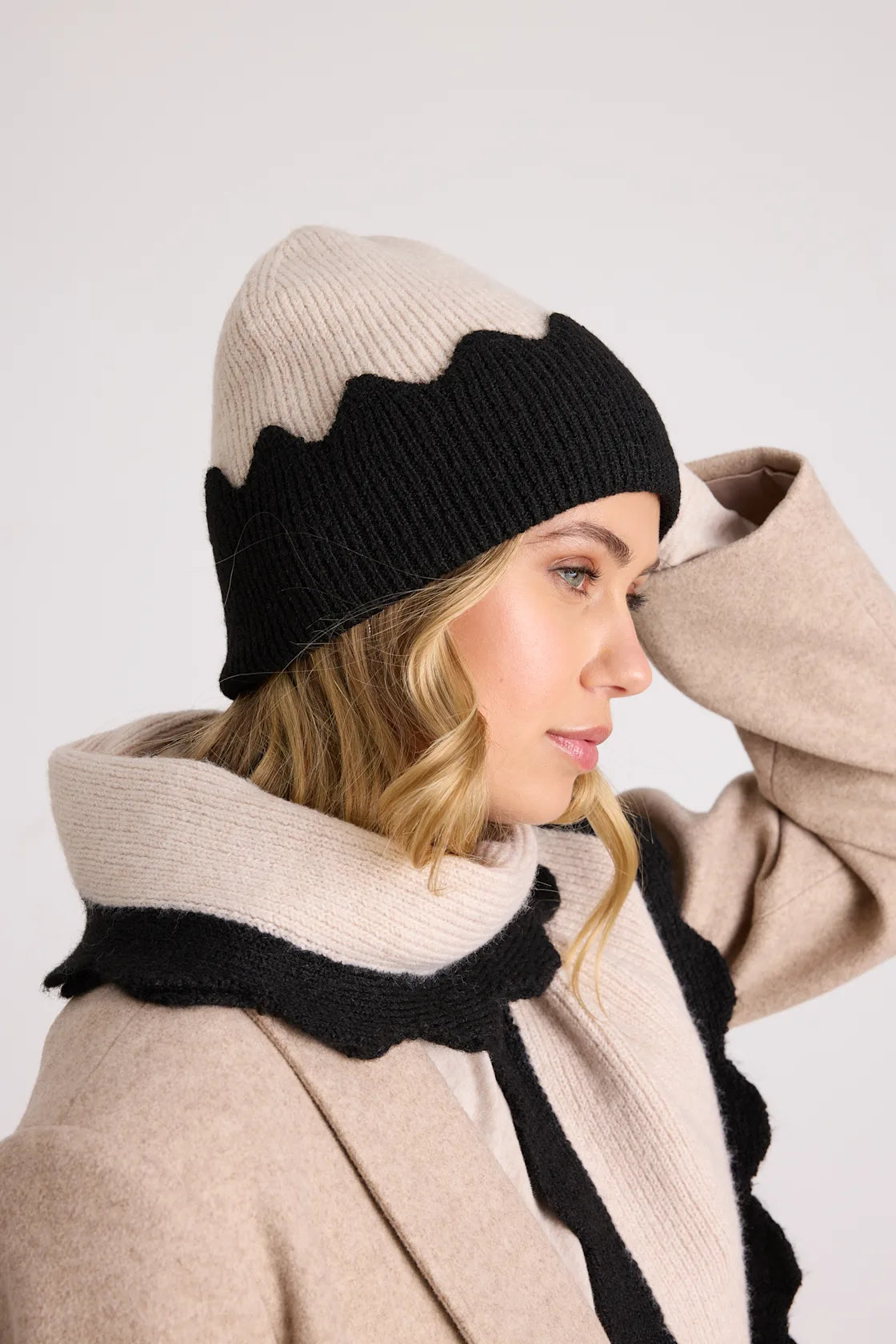 Melody Ivory and Black Scalloped Beanie