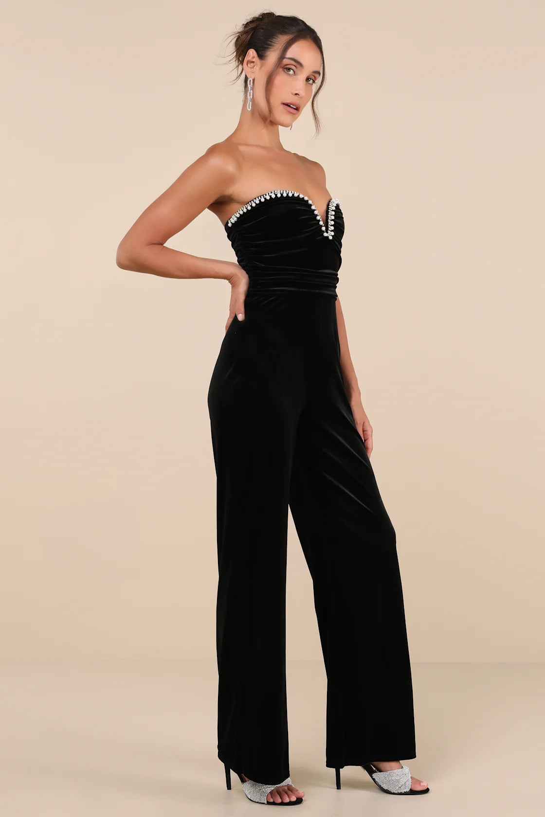 Fabulous Instinct Dark Blue Velvet Pearl Strapless Jumpsuit