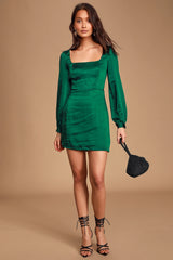 Got The Love Emerald Green Satin Square-Neck Mini Dress