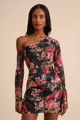 Aviora Black Floral Burnout One-Shoulder Long Sleeve Mini Dress