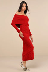 Cozy Excellence Heather Red Off-the-Shoulder Sweater Dress
