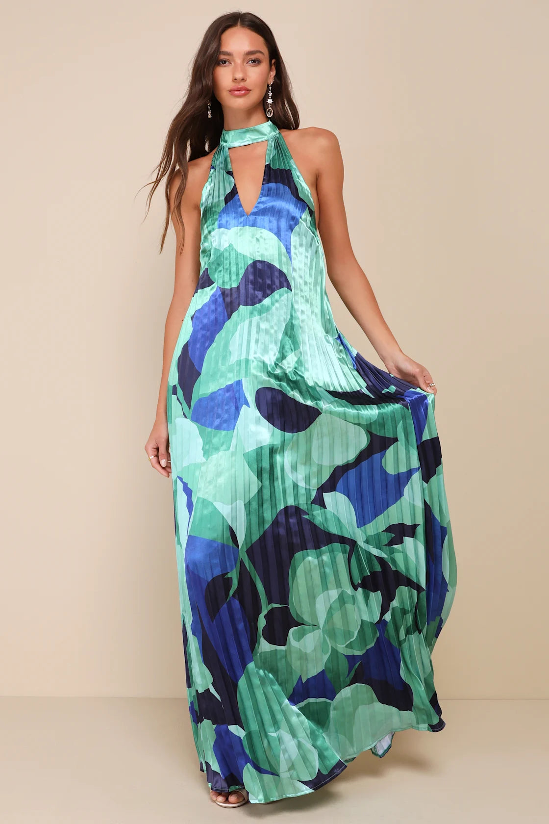 Prime Poise Green and Blue Abstract Satin Halter Maxi Dress