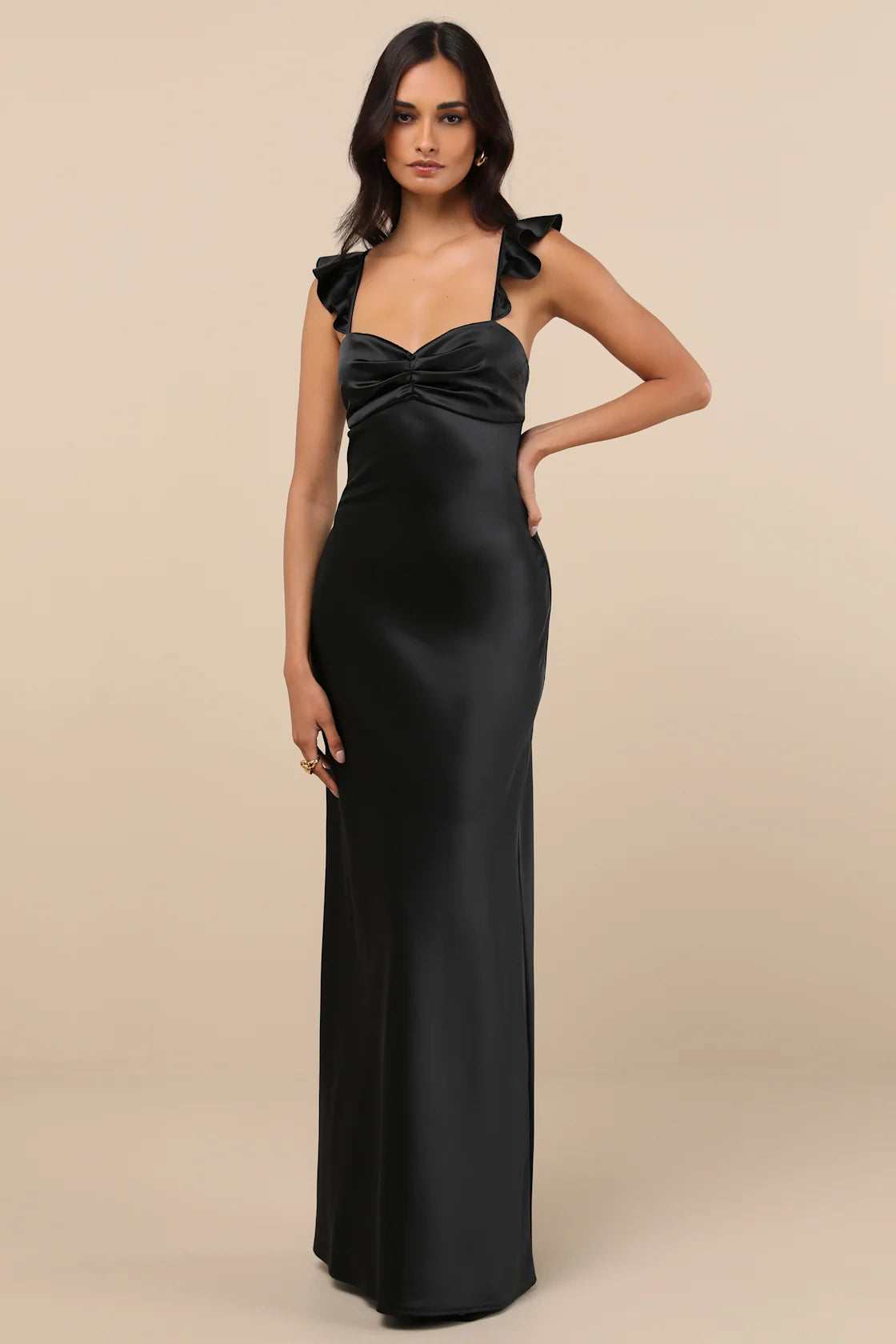 Exuberant Luxury Rust Satin Ruffled Lace-Up Maxi Dress