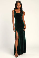 Elegant Sweetie Dark Navy Velvet Square Neck Maxi Dress