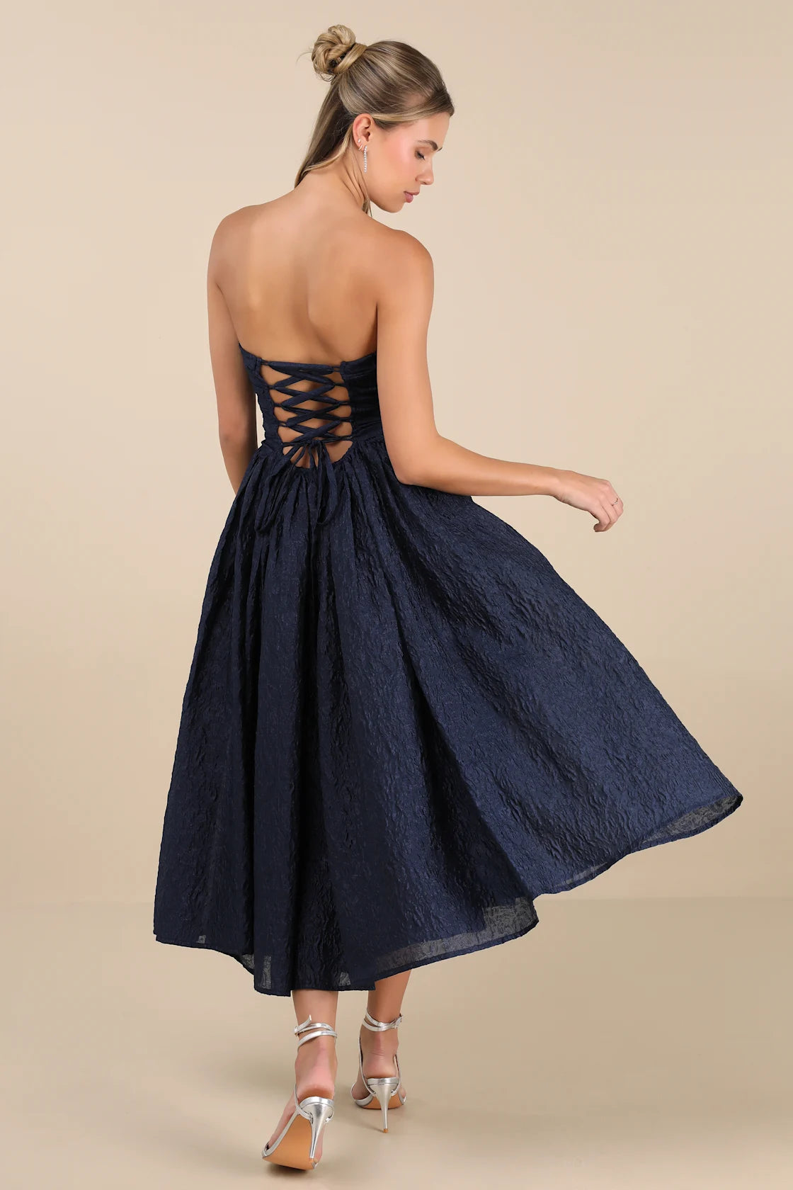 Analeia Dark Navy Jacquard Lace-Up Strapless Midi Dress