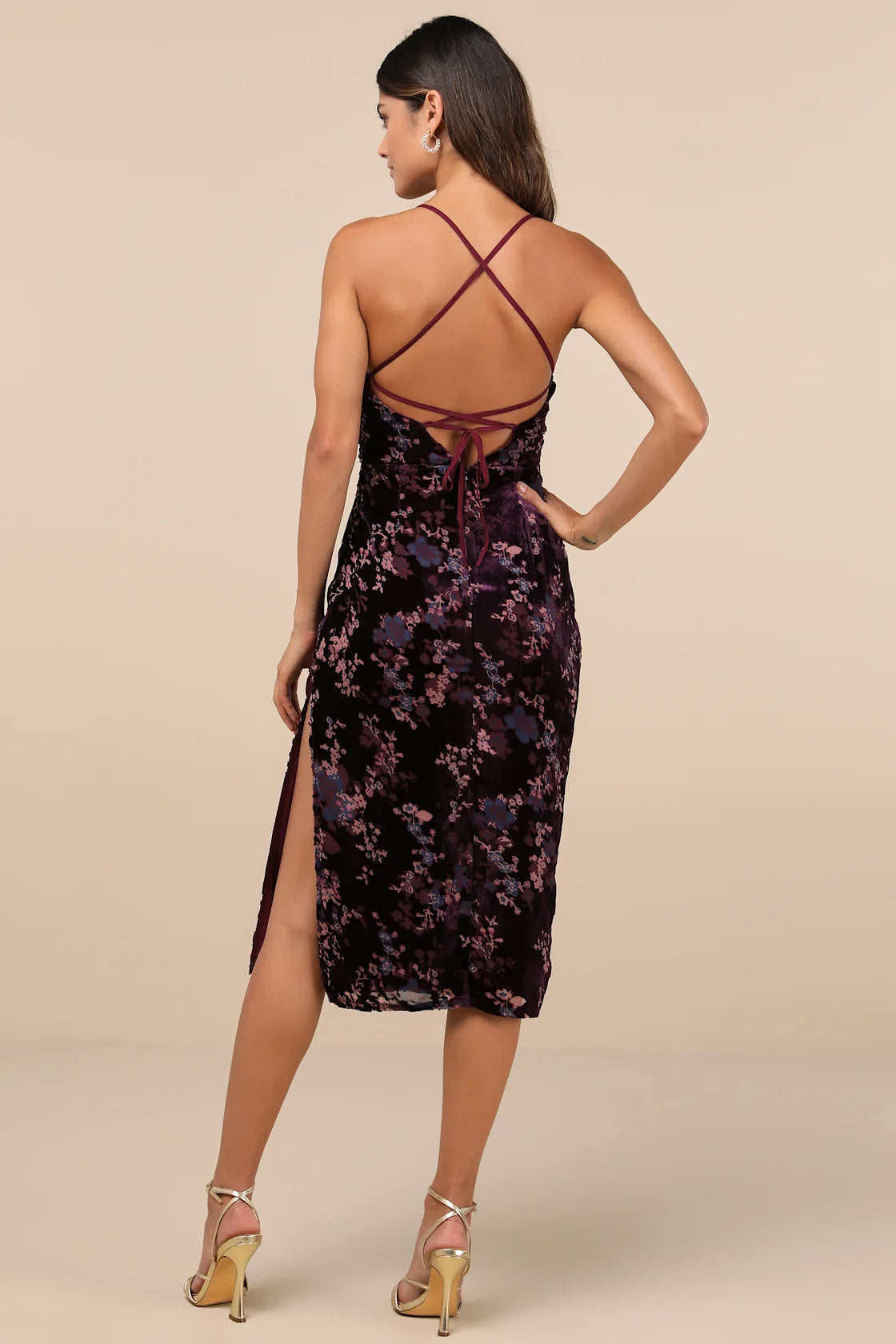 Elegant Persuasion Black Burnout Velvet Lace-Up Midi Dress