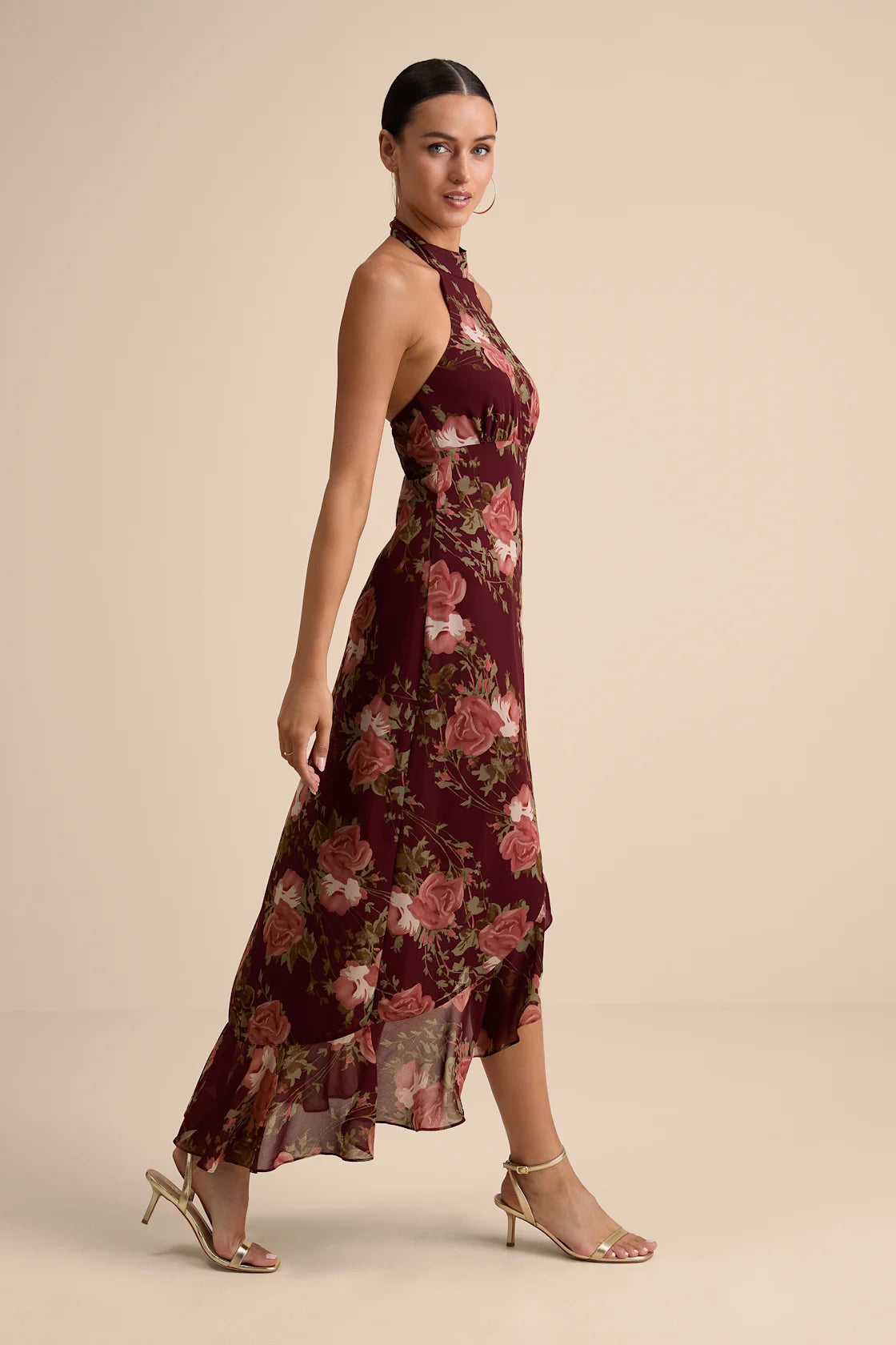 Elegant Entrance Black Floral Print Halter Maxi Dress