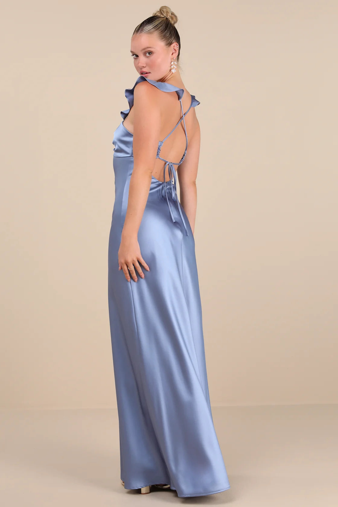 Exuberant Luxury Rust Satin Ruffled Lace-Up Maxi Dress