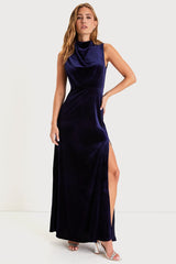 Classic Elegance Navy Velvet Sleeveless Mock Neck Maxi Dress