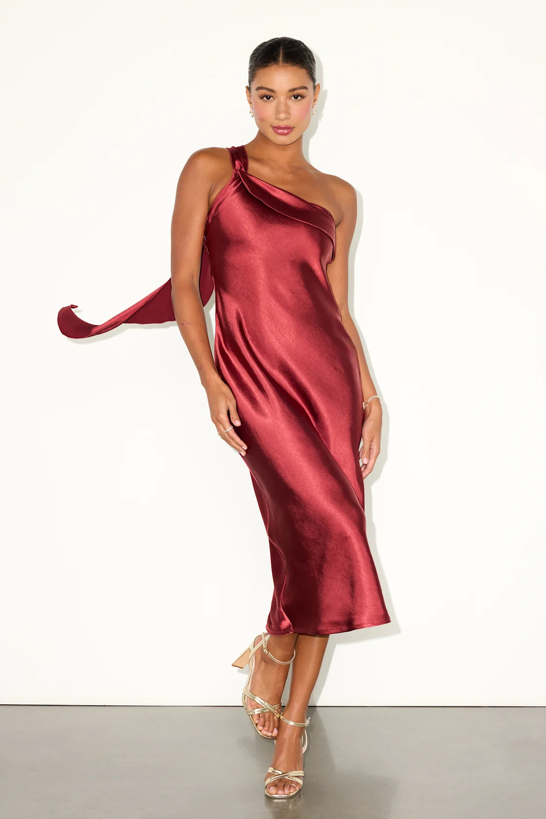 Naima Light Orange Satin One-Shoulder Midi Dress