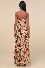 Romance in the Making Beige Floral Print Velvet Maxi Dress
