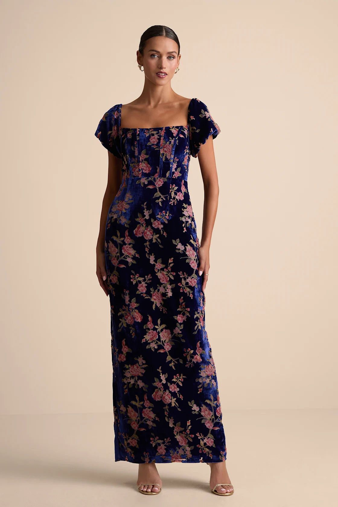 Confidently Impressive Blue Velvet Off-the-Shoulder Maxi Dress