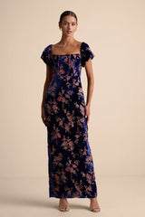 Confidently Impressive Blue Velvet Off-the-Shoulder Maxi Dress