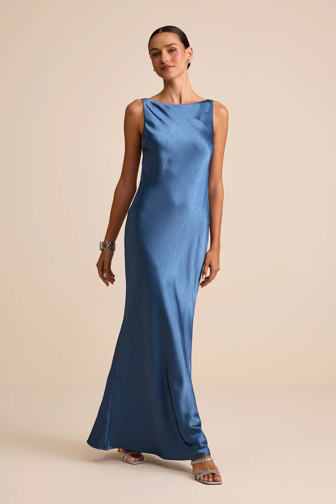 Janita Olive Satin Sleeveless Cowl Back Maxi Dress