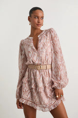 Variah Blue Multi Boho Print Long Sleeve Mini Dress