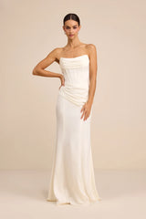 Claudette White Satin Strapless Bustier Maxi Dress