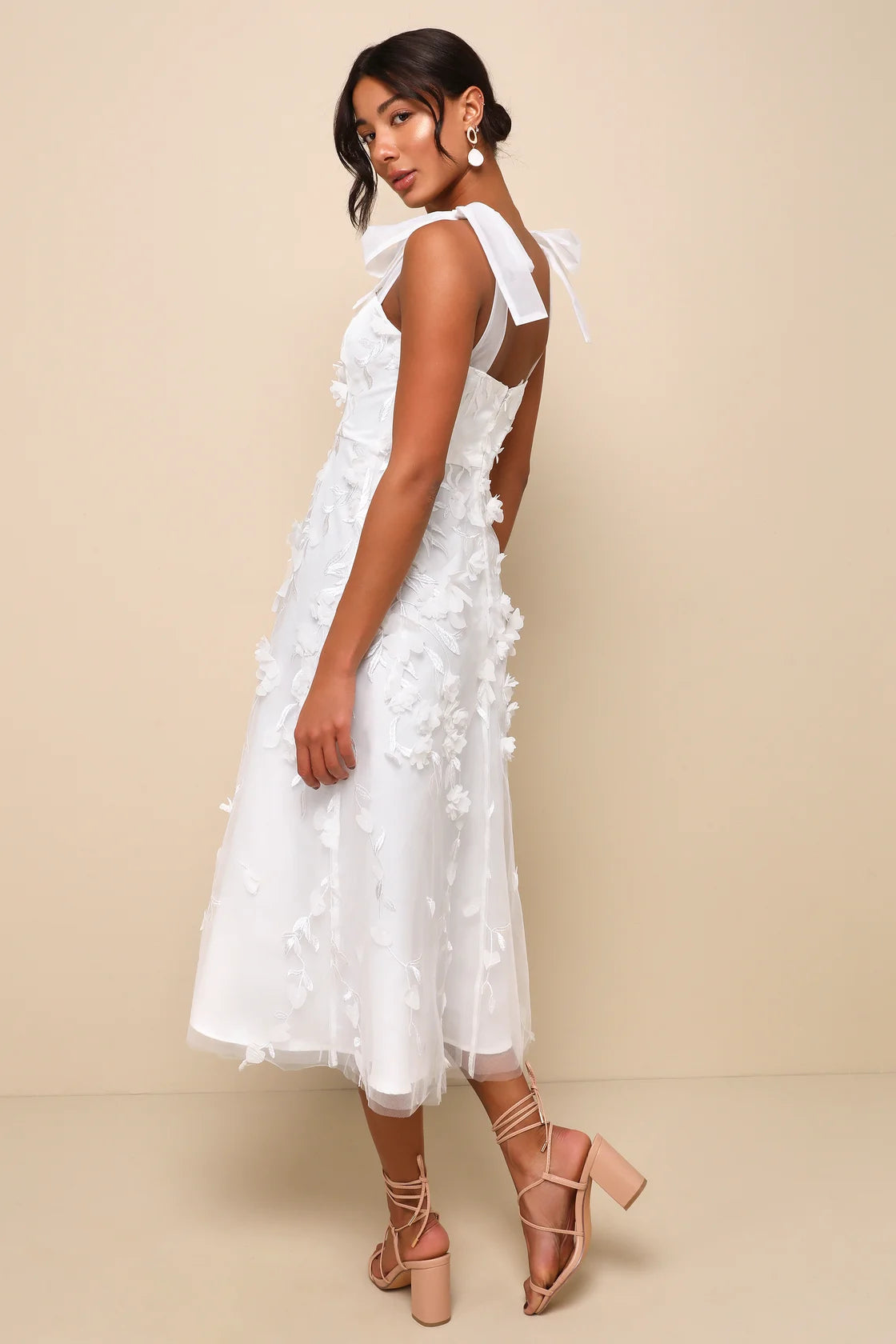 Effortlessly Sweet Blush Tulle 3D Floral Tie-Strap Midi Dress