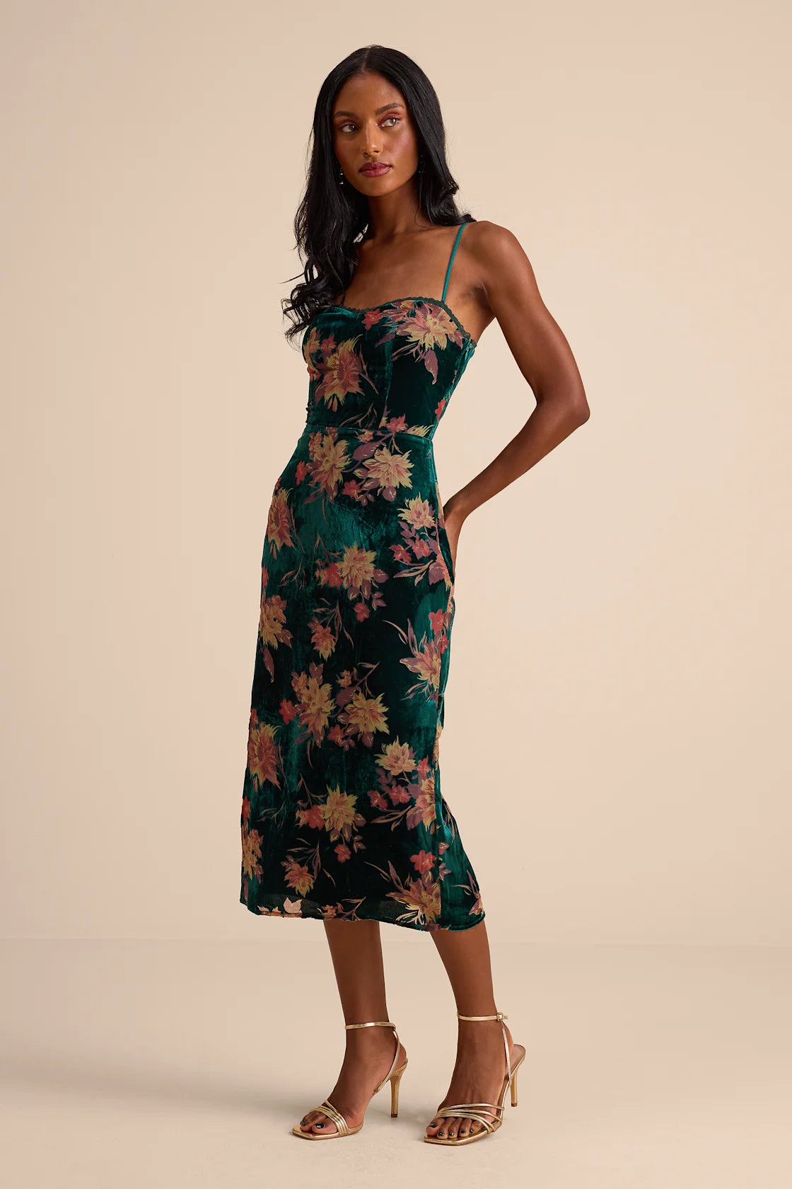 Erisa Burgundy Velvet Floral Burnout Midi Dress