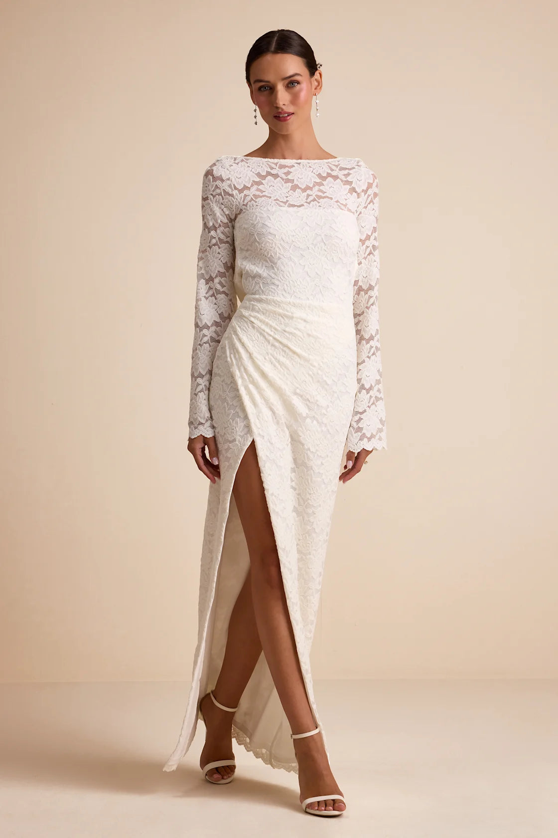 Odariya Ivory Lace Cowl Back Maxi Dress
