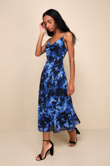 Beautiful Persona Blue Floral Chiffon Cowl A-Line Midi Dress