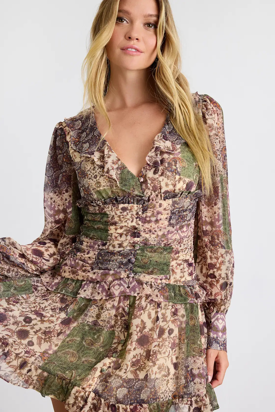 Ismini Beige Multi Patchwork Long Sleeve Mini Dress