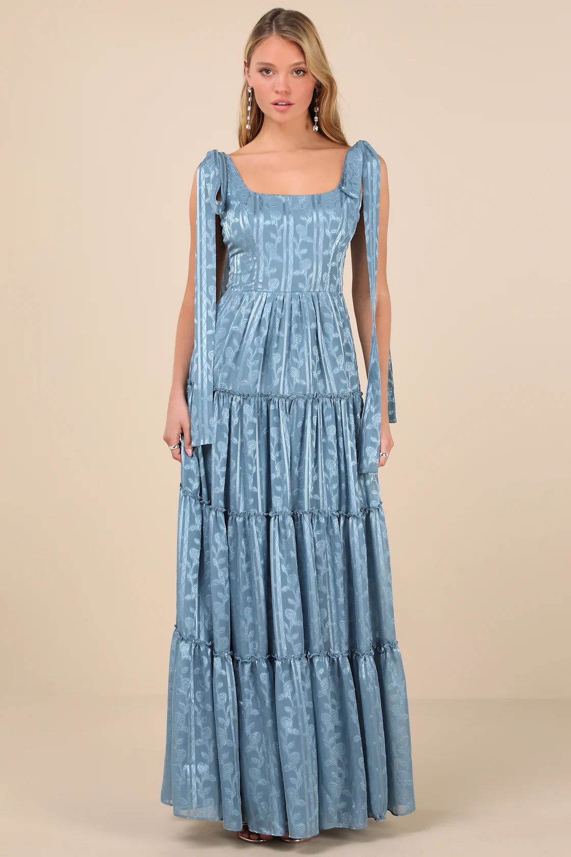 Picturesque Allure Green Jacquard Tie-Strap Maxi Dress
