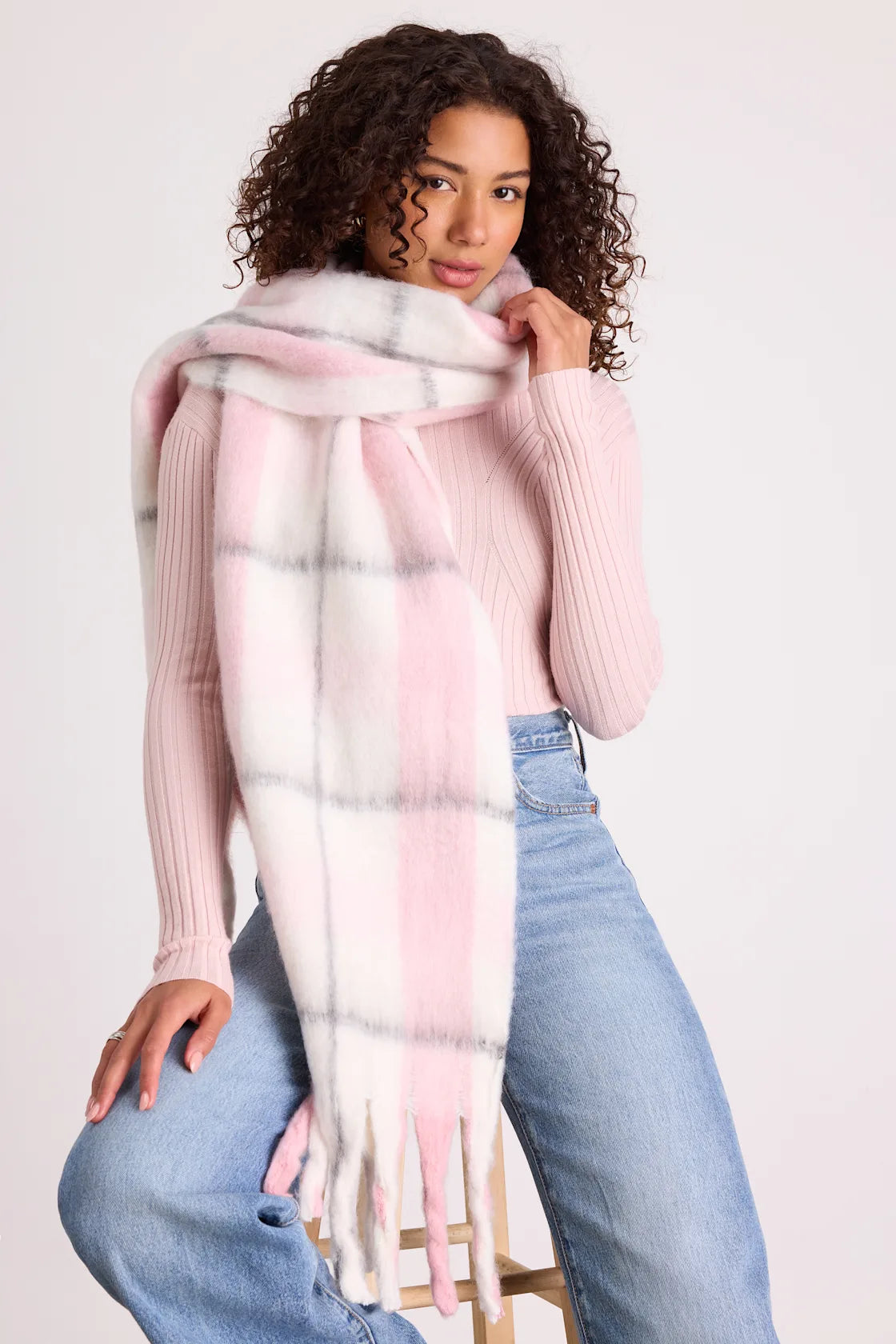 Rami White and Pink Plaid Oversized Scarf