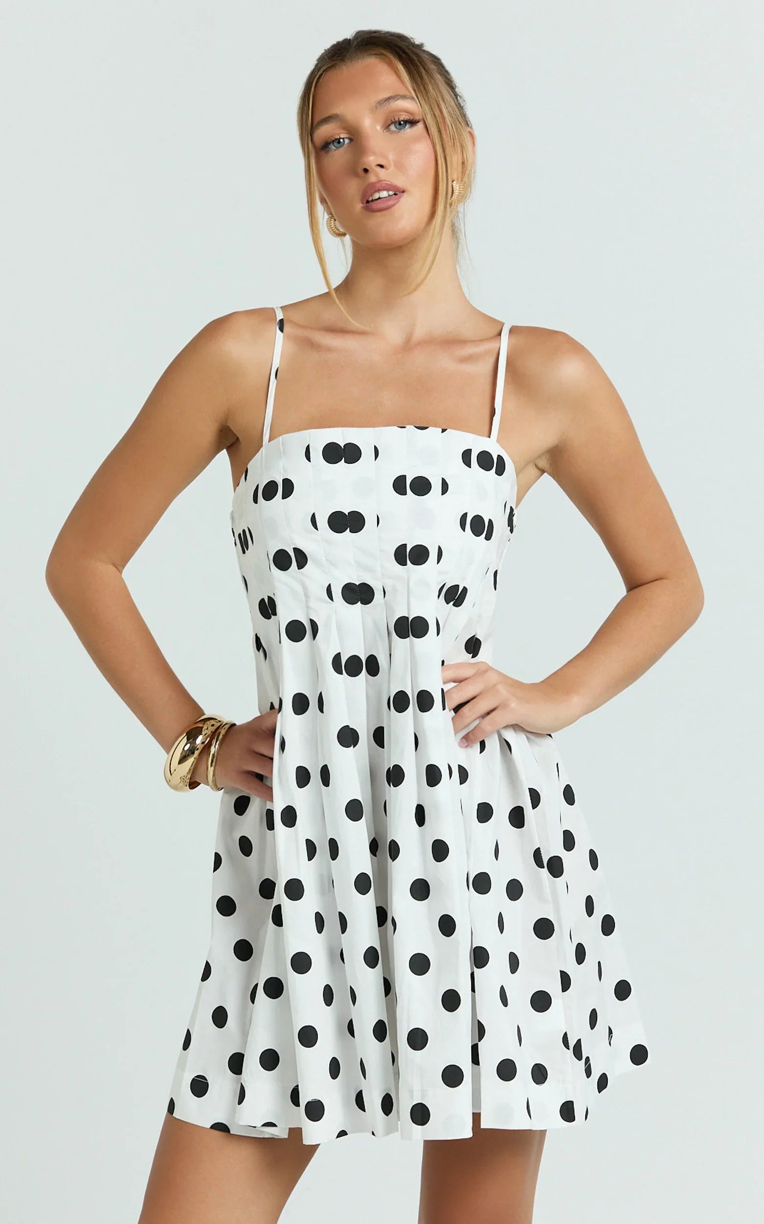 Sia Mini Dress - Sleeveless Straight Neck A Line Dress in White with Black spot