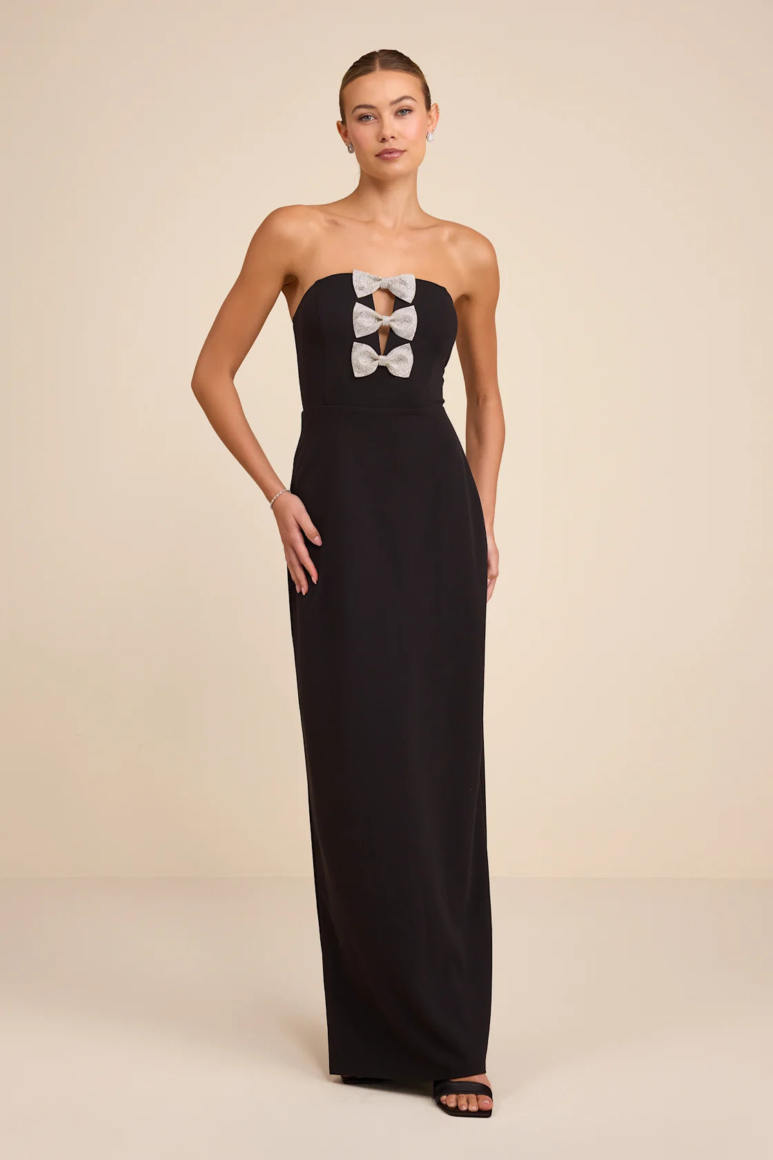 Jovia Black Rhinestone Bow Strapless Maxi Dress
