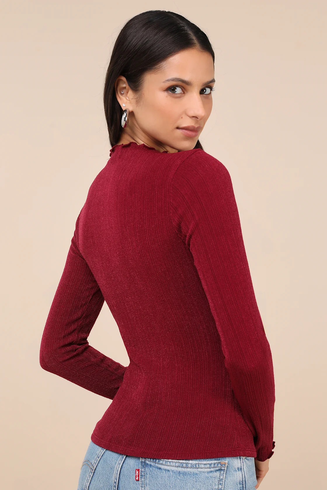 Charmed Vibes Ivory Ribbed Lettuce Edge Long Sleeve Top