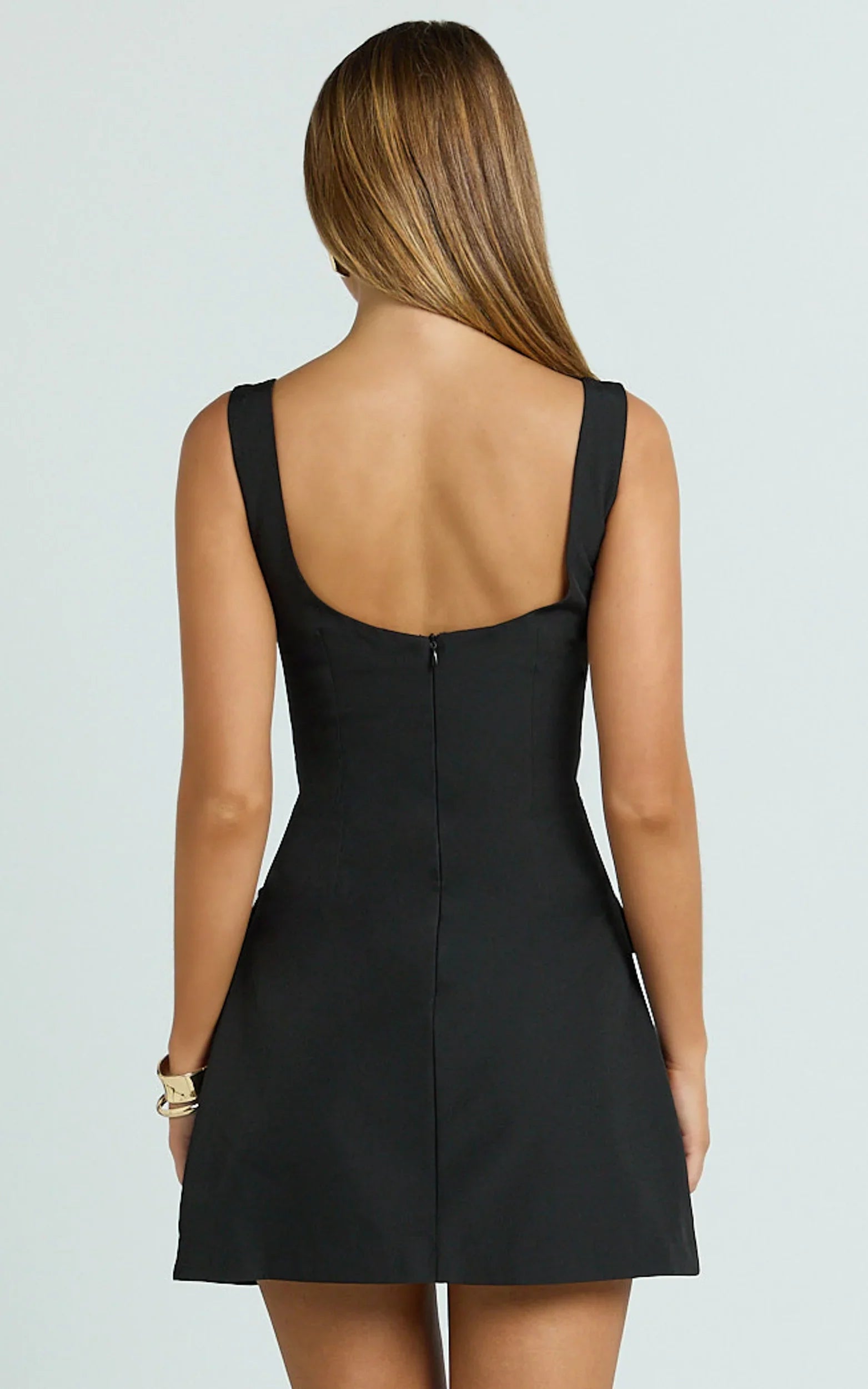 Rachel Midi Dress - Square Scoop Neck Buckle Pocket Leg Split Knee Length Dress in Black